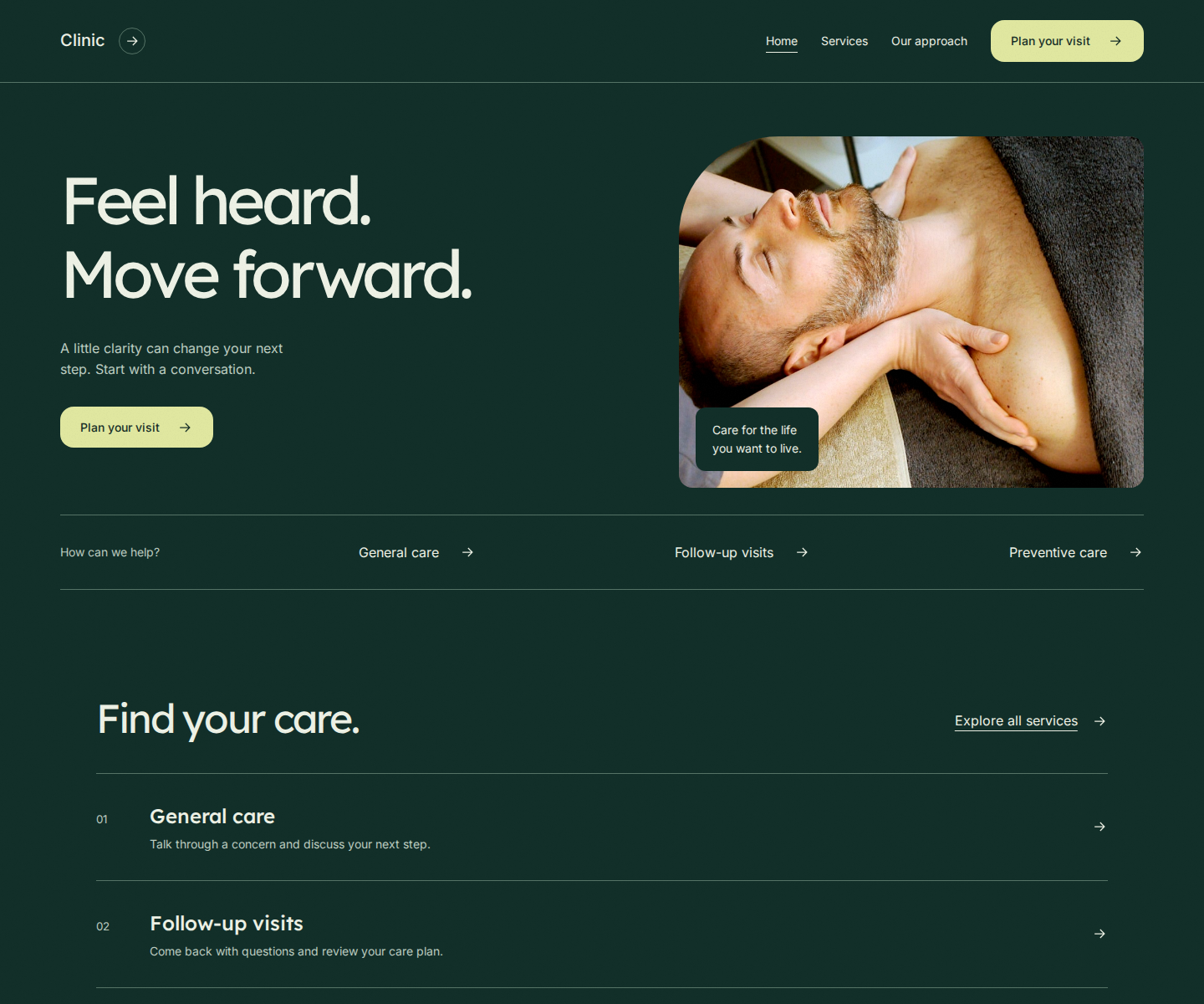 Clinic website design, desktop view