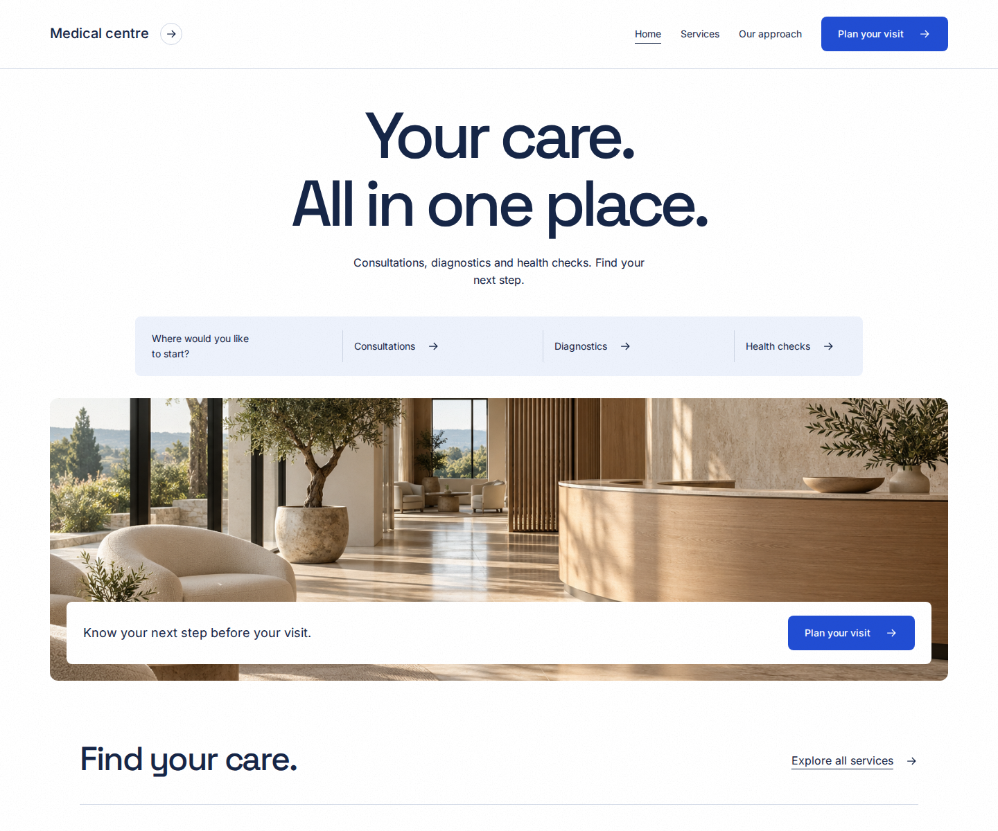 Medical centre website design, desktop view