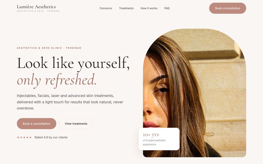 Sample website design for an aesthetics clinic